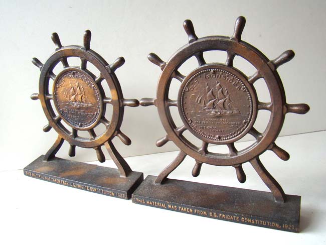 A pair of U S S Constitution bookends made from material taken from the ship during its' restoration in 1927